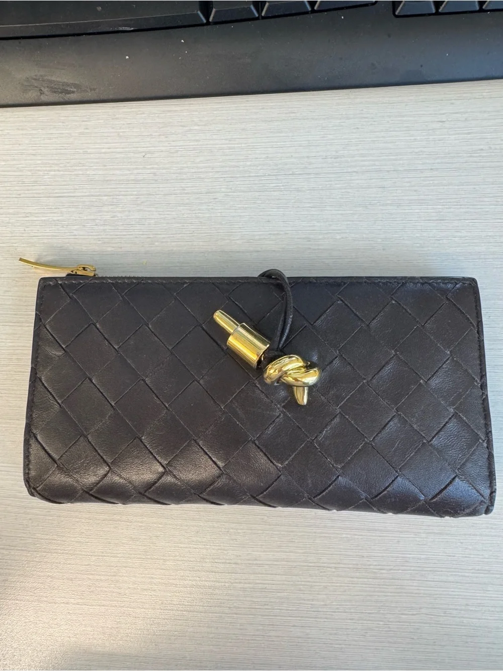 Bottega Veneta Dark Brown Intrecciato Zip Wallet with Gold Hardware